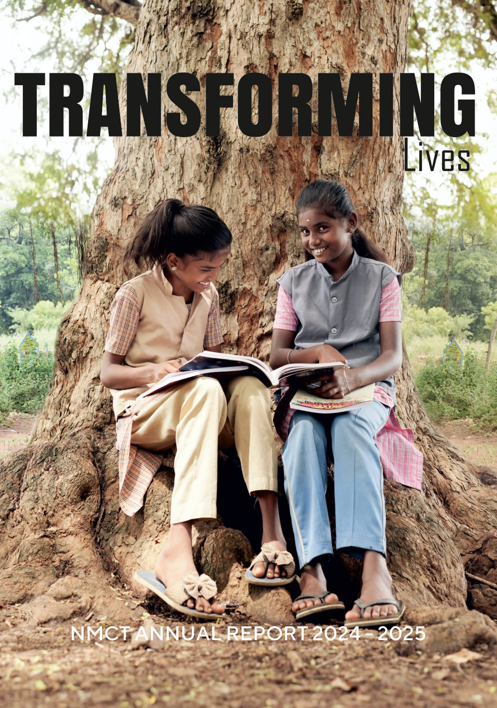 Cover of NMCT's Annual Report 2024-25, Transforming Lives: two schoolgirls reading under a tree
